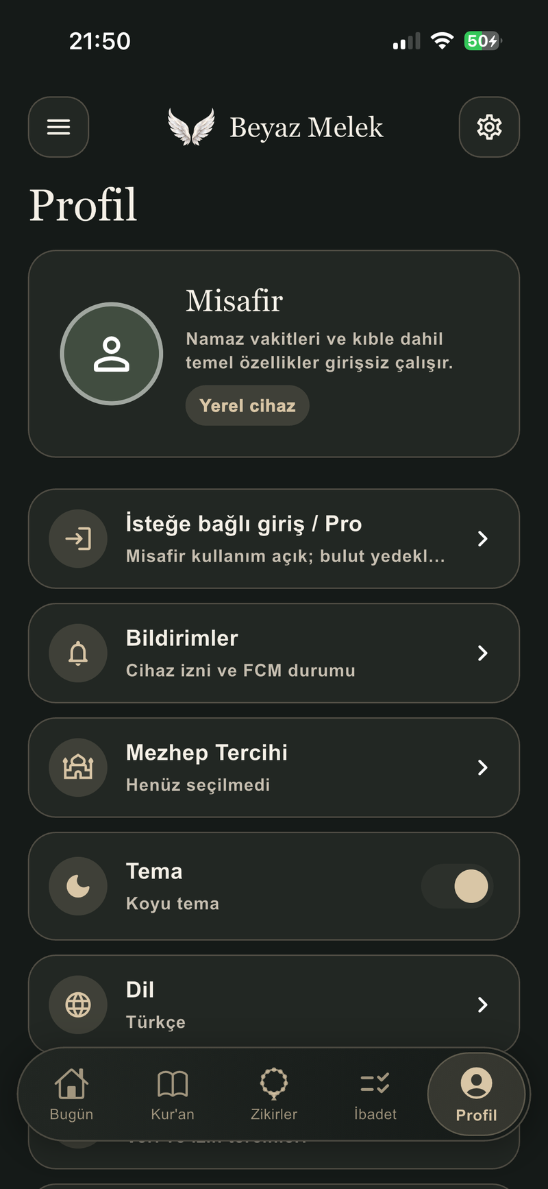 Profil & Ayarlar (Gece)
